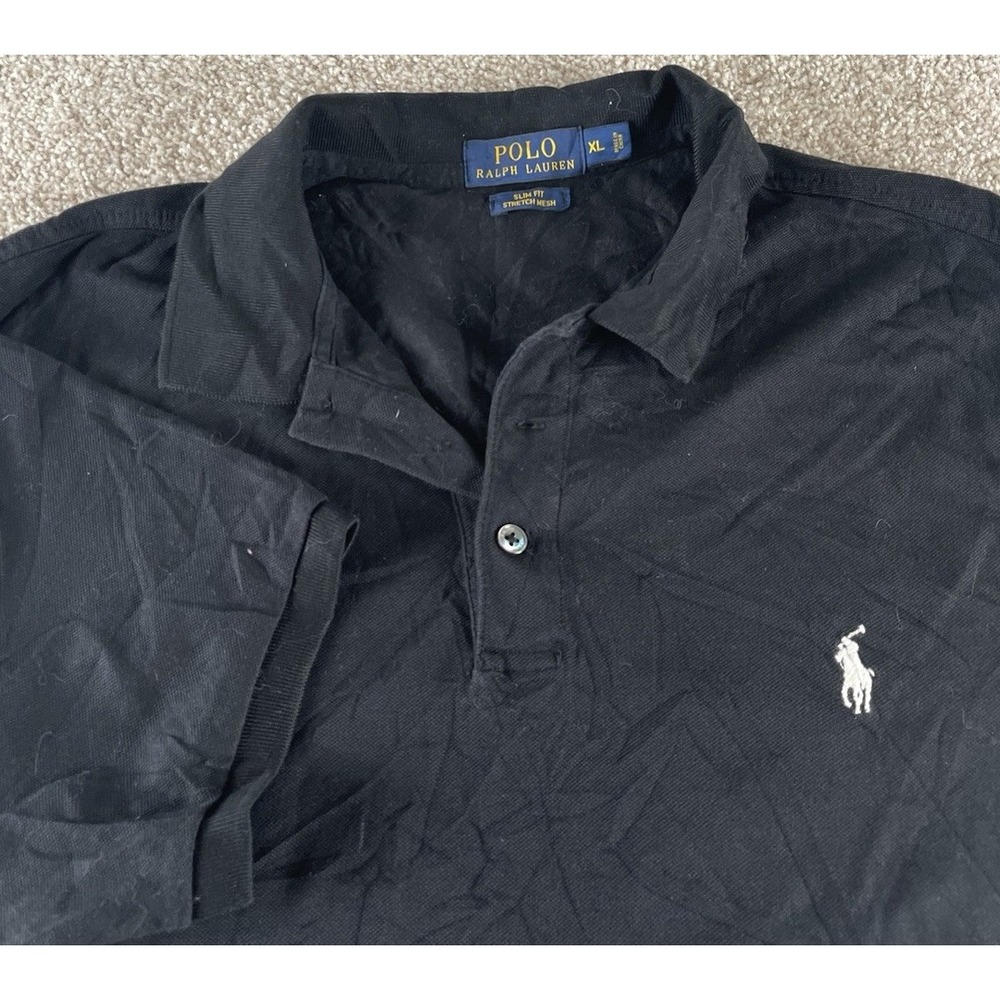 Polo Ralph Lauren Solid Black Polo Shirt Mens XL Slim Stretch Mesh White Pony